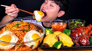 ASMR 무생채비빔밥과 치즈함박스테이크 열무 나박김치 먹방~!! Korean Radish Salad Bibimbap With Cheese Hamburg Steak MuKBang~!