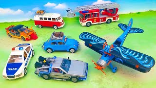 Dinosaur attacks the Back to the Future car! Fire Truck, Police car, Airplane | Toys Review for Kids