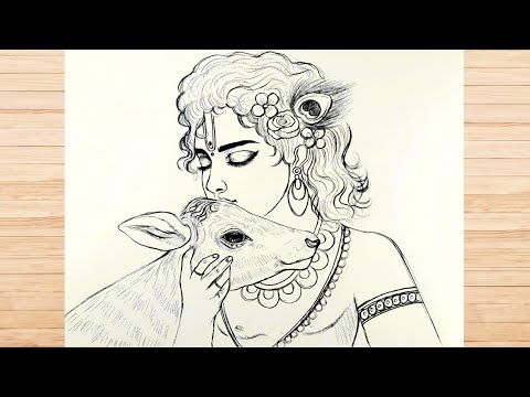 How To draw Krishna With Cow | Krishna Drawing | Easy Drawing Step By Step | Pencil Sketch