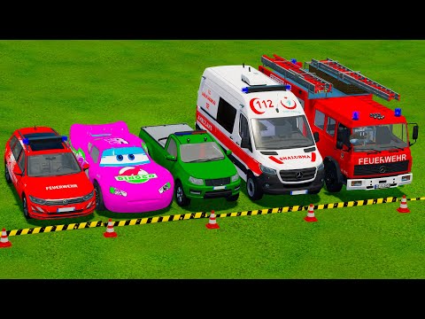 DACIA, MCQUEEN CAR سيارة ماكوين FORD POLICE CARS, AMBULANCE EMERGENCY TRANSPORTING WITH TRUCKS! FS22