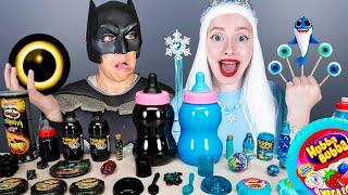 Blue Food vs Black Food Challenge 핑크색 초록색 챌린지 l Batman vs Elsa Frozen Mukbang KIKIMO