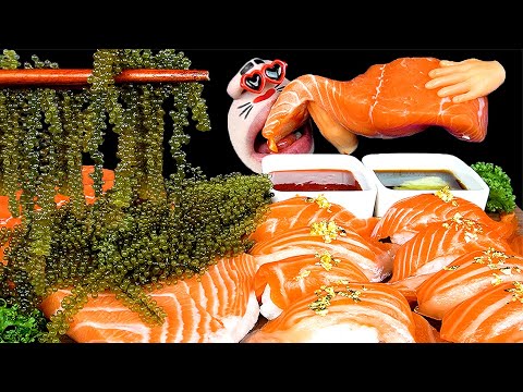 ASMR MUKBANG :) Giant Salmon Sashimi & Salmon Sushi & Sea Grapes EATING SHOW!
