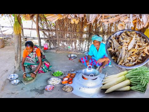 DRY FISH RECIPE with RADISH and vegetable dal cooking & eating by santali tribe old couple