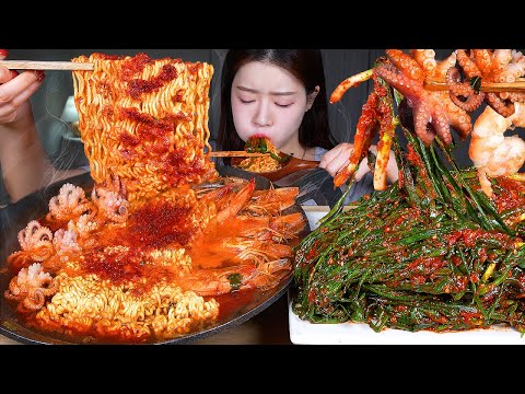 ASMR MUKBANG | 매운 파김치 담근 날🔥 얼큰 해물라면 ★ 낚시한 쭈꾸미, 대하! 라밥까지 먹방 Octopus Shrimp Ramen & Green Onion Kimchi