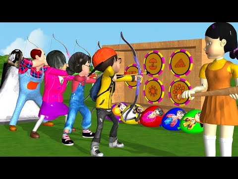 Scary Teacher 3D vs Squid Game Inflatable Balloon Mask and Archery HoneyComb Candy 5 Times Challenge