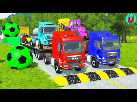 Double Flatbed Trailer Truck vs Speedbumps Train vs Cars | Tractor vs Train Beamng.Drive 036