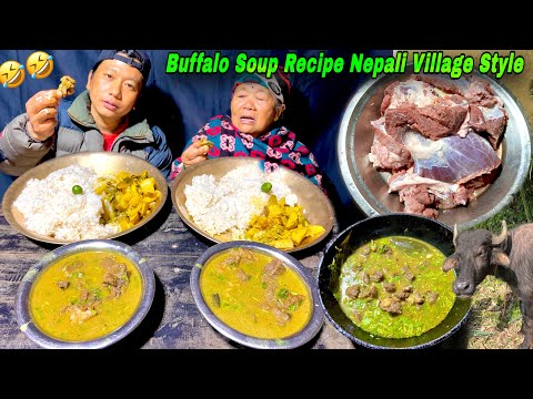 BUFFALO SOUP RECIPE VILLAGE STYLE | BUFFALO MEAT CUTTING | NEW NEPALI VLOGS | NEPALI MEAT COOKING |