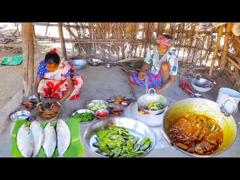 SMALL HILSHA FISH CURRY & VEGETABLES FRY cooking for lunch by old santali trible couple