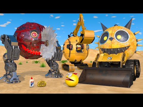 Pacman vs Bobcat Robot and Two-Legged Saw Robot