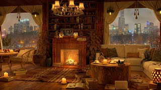 4K Fall Library Coffee Shop Ambience with Soft Jazz Music for Sleeping, Reading & Relaxation