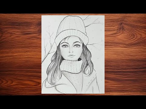 How to draw a beautiful girl | Girl Face Easy Drawing | Girl in winter outfit  drawing