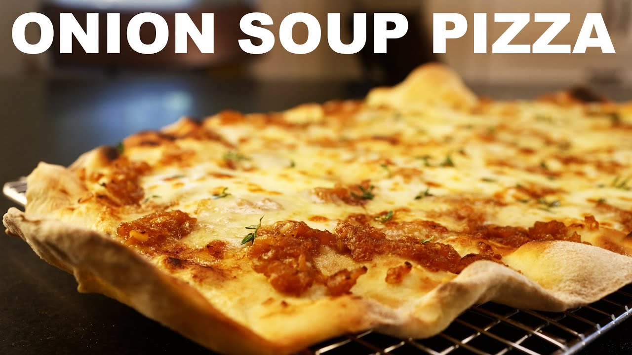 French onion pizza caramelized onion sauce grilled on oven grates