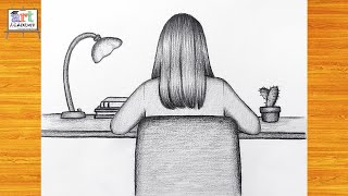 رسم بنت جالسة على مكتب للدراسة | رسم سهل بالرصاص خطوة بخطوة للمبتدئين
