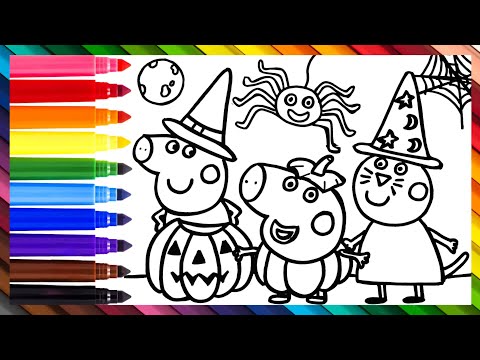 DIBUJA Y COLOREA A PEPPA PIG DURANTE HALLOWEN 🐷🎃🕷️🕸️🧙‍♀️🌕 DIBUJOS PARA NIN̈OS