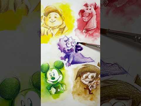 Dibujo 5 PERSONAJES✨ con SOLO 1  COLOR 😱🌈 #dibujo #arte