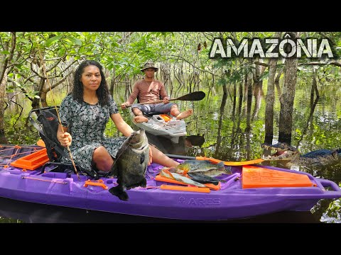 PESCAMOS NA SELVA ALAGADA, MUITOS PEIXES E ANIMAIS SELVAGENS NA AMAZÔNIA 