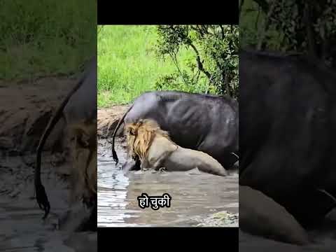 The buffalo was bitten on the hind leg by a lion, and after a fight, it finally escaped.