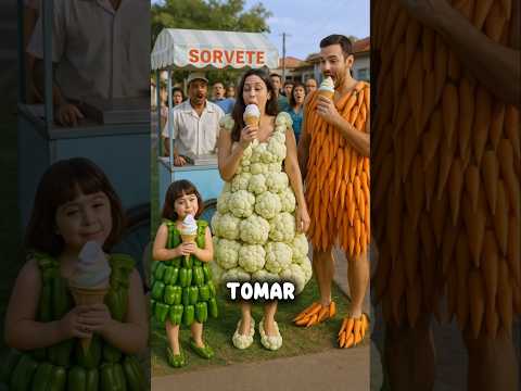 Nos vestimos com roupas feitas de legumes e fomos tomar sorvete!