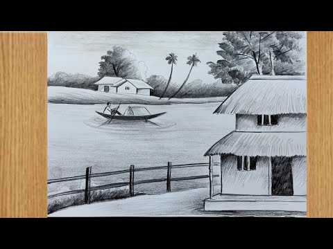 how to draw easy pencil sketch scenery,landscape pahar and river side sceneey drawing,