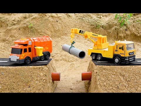 Crane, Excavator Truck and Roller Road Construction Repair Road | Tractor Wheel Fall on Road Story