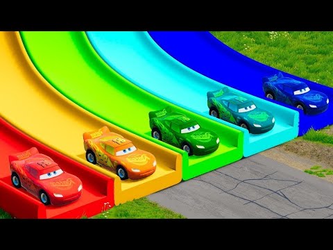 TRANSPORTING PIXAR CARS & FRUITS WITH COLORED & JOHN DEERE vs CLAAS vs TRACTORS - BeamNG.drive #983