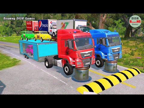 Double Flatbed Trailer Truck vs speed bumps|Busses vs speed bumps|Beamng Drive|1016