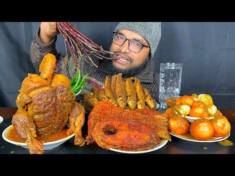 ASMR EATING SPICY FULL CHICKEN MASALA CURRY, FISH FRY AND EGG CURRY WITH RICE, MUKBANG EATING