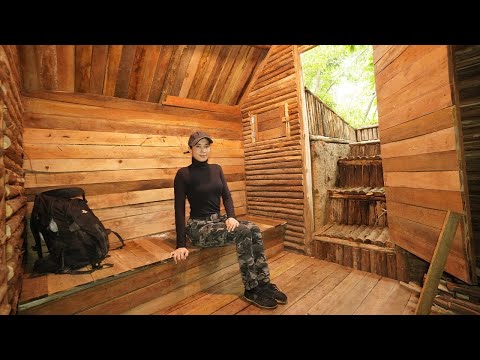 Rainy Season Building Survival Underground Wooden Bushcraft Shelter In Wilderness , Start to Finish