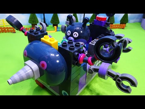 アンパンマンおもちゃブロックで遊ぶよ♪バイキンマンが巨大もぐりんを組み立てる！最強バイキンメカ完成！バイキン城、だだんだんの腕を合体したよ！