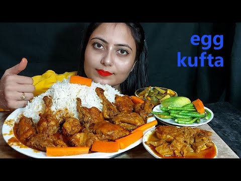 Eating Egg Kufta+Spicy chicken masala+Bean potato FishCurry+Salad& Huge basmati Rice*Mukbang*Asmr