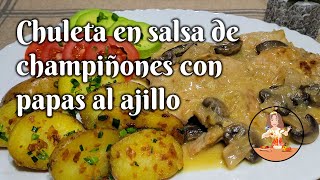 🐷CHULETAS EN SALSA DE CHAMPIÑONES CON PAPAS AL AJILLO 😋#chuletas #ajillo