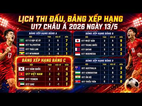 Lịch Thi Đấu, Bảng Xếp Hạng VCK U17 Châu Á 2026 | U17 Việt Nam Quyết Chiến Thắng U17 UAE | Ngày 13/5