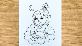 How to Draw Cute Baby Krishna Sitting on Cloud | Pencil Shading Art for Janmashtami | Krishna