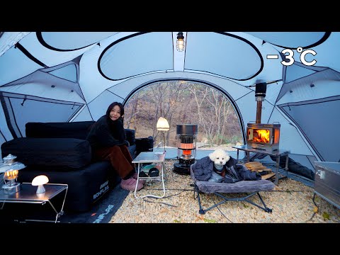 −3℃ 찬바람 부는 숲속, 새 텐트와 새 화목난로로 아늑하고 따듯한 하룻밤 / 밥 한공기 뚝딱 제육볶음 / 문경 그린스톤 캠핑장
