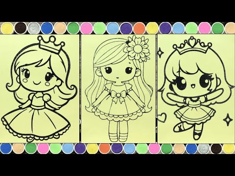 Chibi princess long hair and short hair sand painting - Tô màu tranh cát công chúa chibi dễ thương