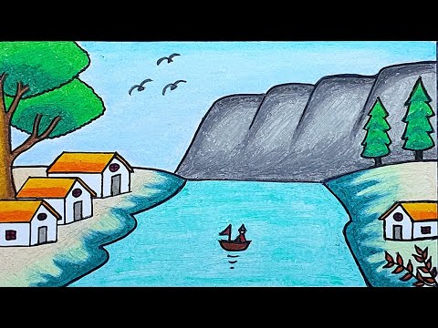Easy Scenery Drawing | How To Draw Easy Village and Lake Scenery With Oil Pastels