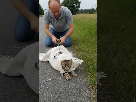 A Kind Man Rescues Helpless Cat wrapped in sack by the Road #animals