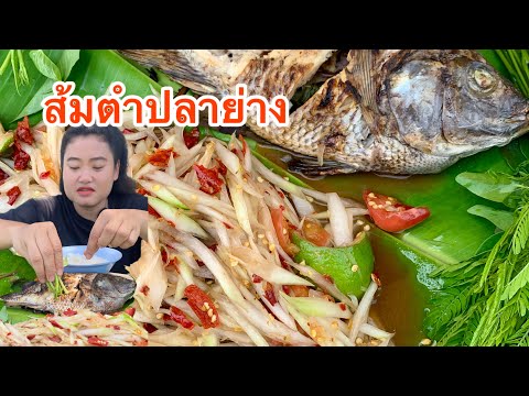 ส้มตำ ปลานิลย่าง แซ่บหลายจ้า มาเด้อกินข้าวกันจ้าที่ทุ่งนา