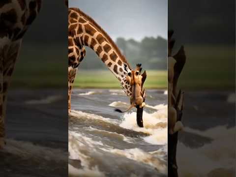 물에 떠내려 갈뻔한 아기사자를 기린이 구해주다("Baby lion almost swept away by water, saved by a giraffe")