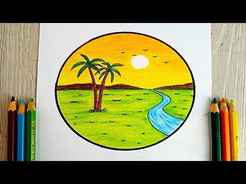 رسم سهل | رسم منظر طبيعي بسيط بالالوان الخشبية خطوة بخطوة للمبتدئين | رسم النخيل | رسومات سهله