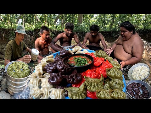 Buff MOMO Colorful MOMO Making in Jungle Self Cooking and Eating Near Jungle River Wild MOMO MUKBANG