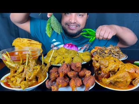 spicy mutton curry, mutton boti curry, full chicken curry and chicken leg fry with rice eating show