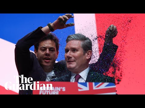Protester pours glitter over Keir Starmer during Labour conference speech