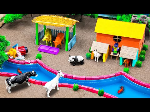 DIY farm diorama, houses for animals like cows, pigs and goats, winter fun time