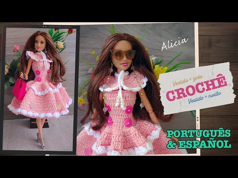 Vestido curto + gola de crochê para Barbie 🌸 Alicia