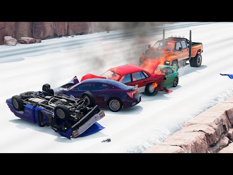 BeamNG.Drive – Winter Car Pileup Crashes (Snow Covered Streets)