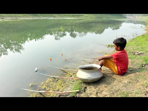 Unbelievable Fishing Method || The Village Boy Catching Fish By Bamboo Tools Hook From The River