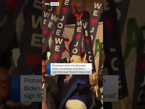Pro-Palestine demonstrators hold up sign against Biden at Democratic National Convention