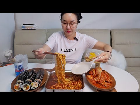 🌶불닭볶음탕면2봉 🍜국물에 <strong>불고기</strong>,참치,야채김밥 찍먹 매운불김치! 푸짐한 폭풍 한 끼 먹방