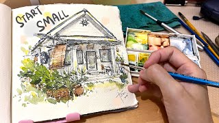 Loose ink and watercolor sketching Basics | A café by the sea